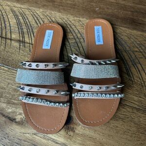 Steve Madden Tan Slide Sandals with Silver Rhinestone & Spike Straps